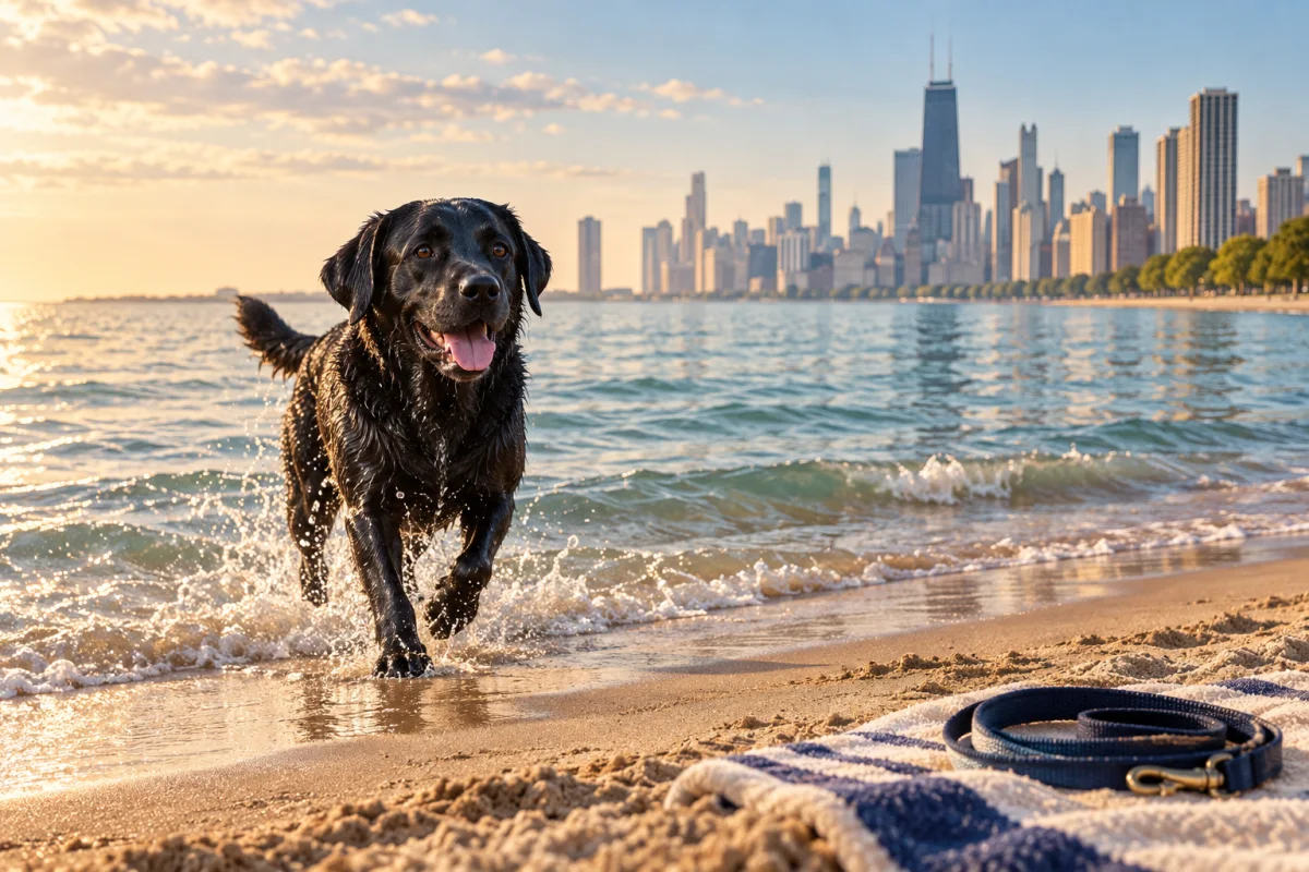 A Labrador at a sandy lakeshore with the Chicago skyline in the distance