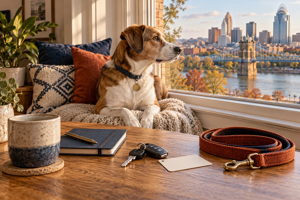 A dog resting at a brick home's window beside a collar, keys and a park-planning notebook
