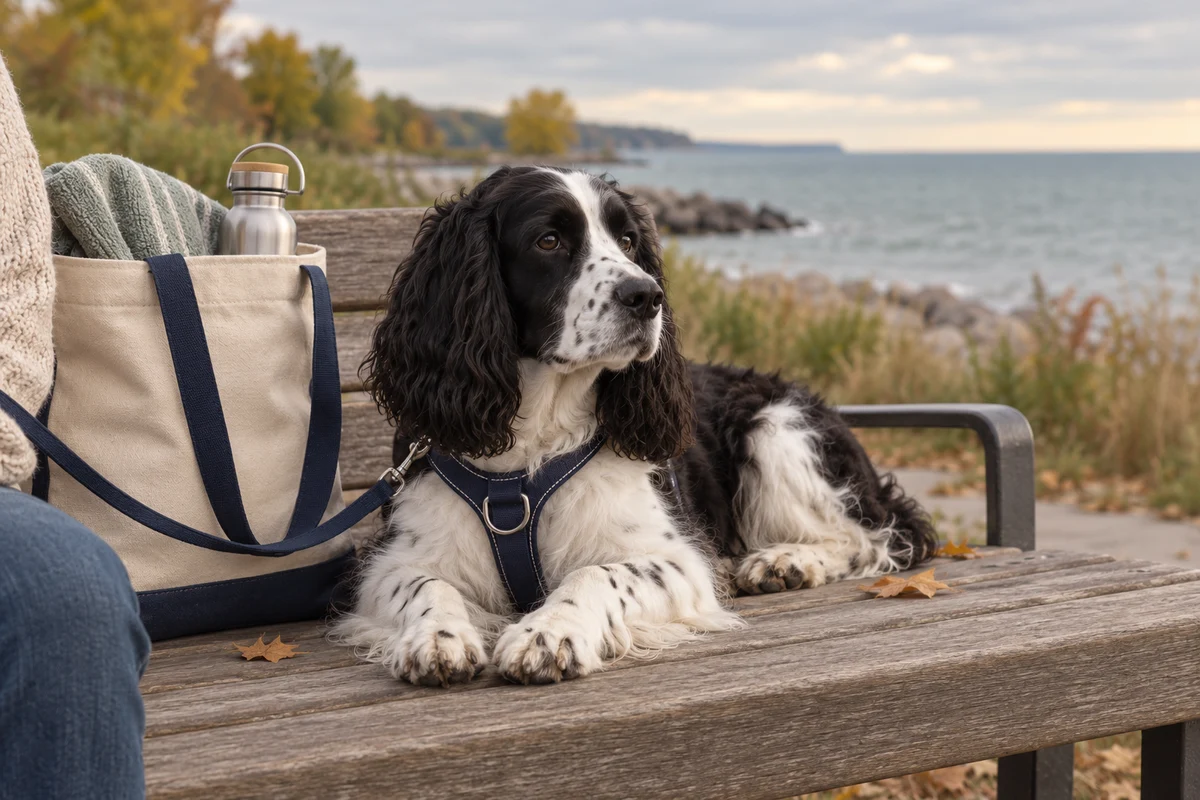 A harnessed spaniel resting on a bench beside a towel and water bottle with a distant lakeshore behind