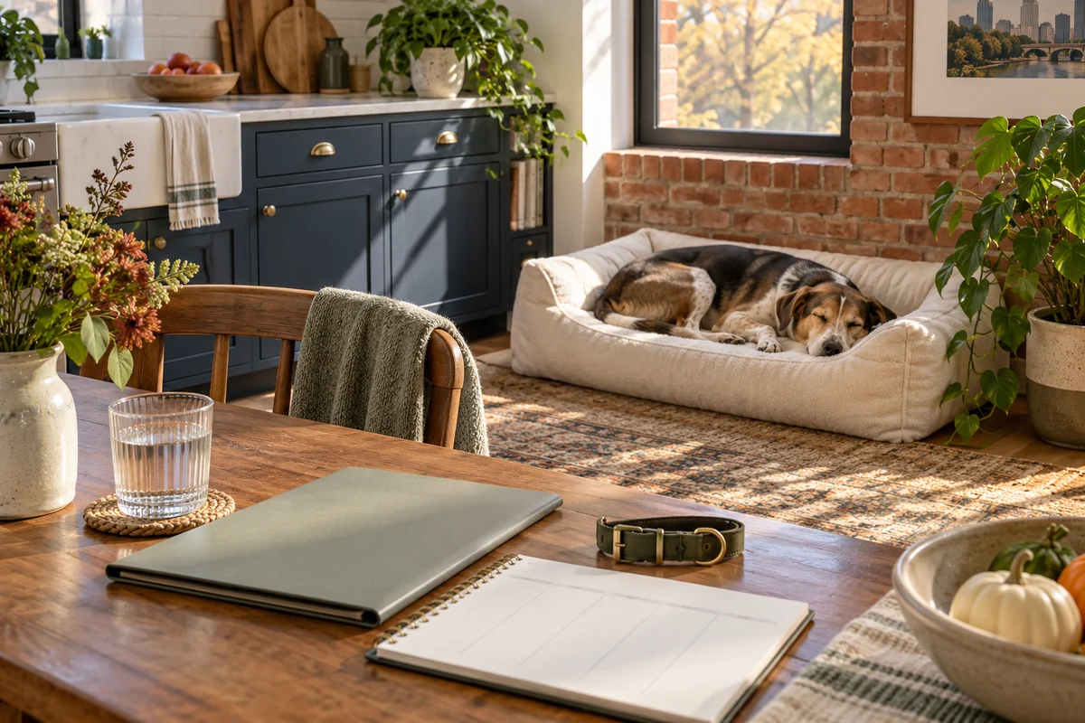 A mixed-breed dog resting on a cream bed in a kitchen beside a table with a folder and household planner