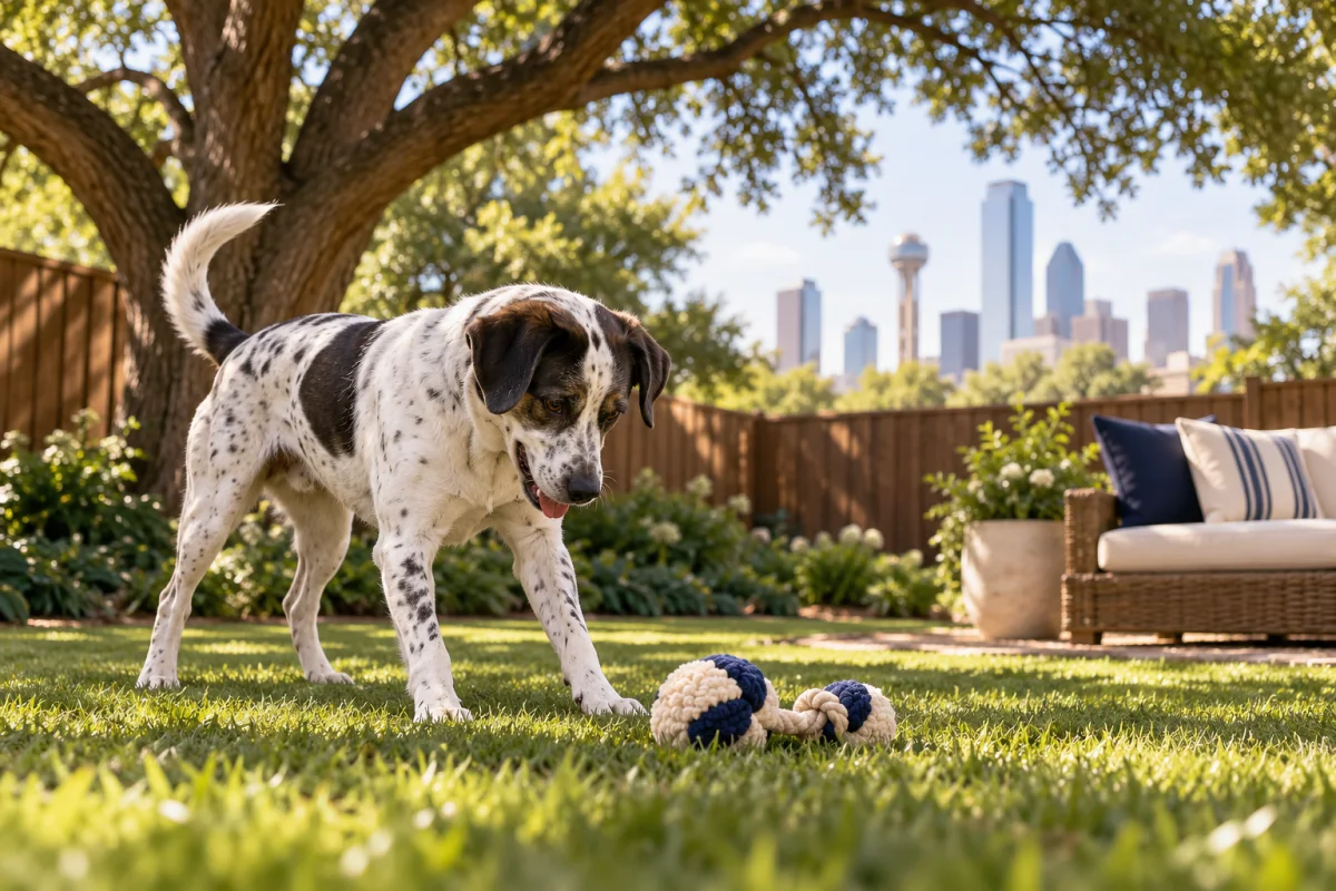 A spotted dog with a toy on a shaded Dallas lawn