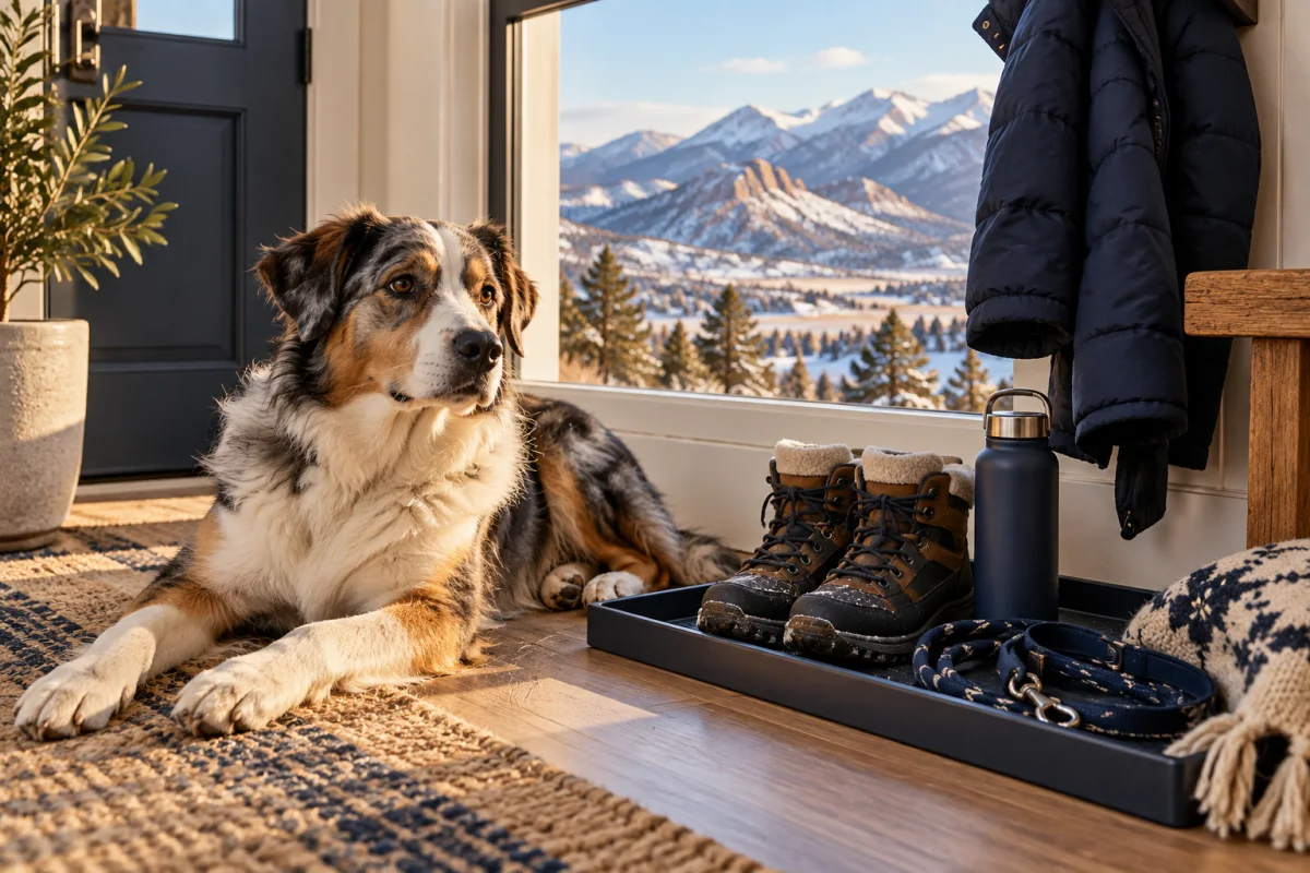 A dog beside winter walking supplies in a Denver home
