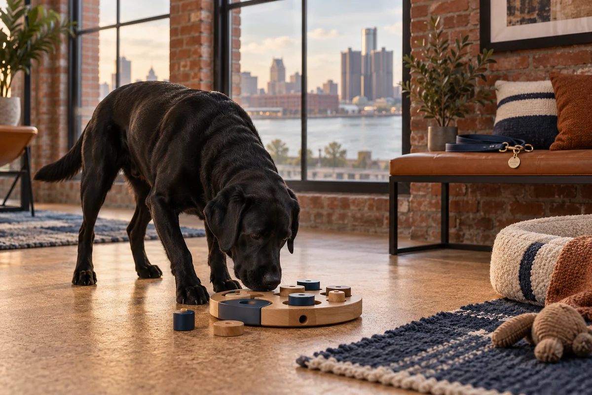 A black Labrador exploring a scent puzzle in a warm Detroit-style brick loft