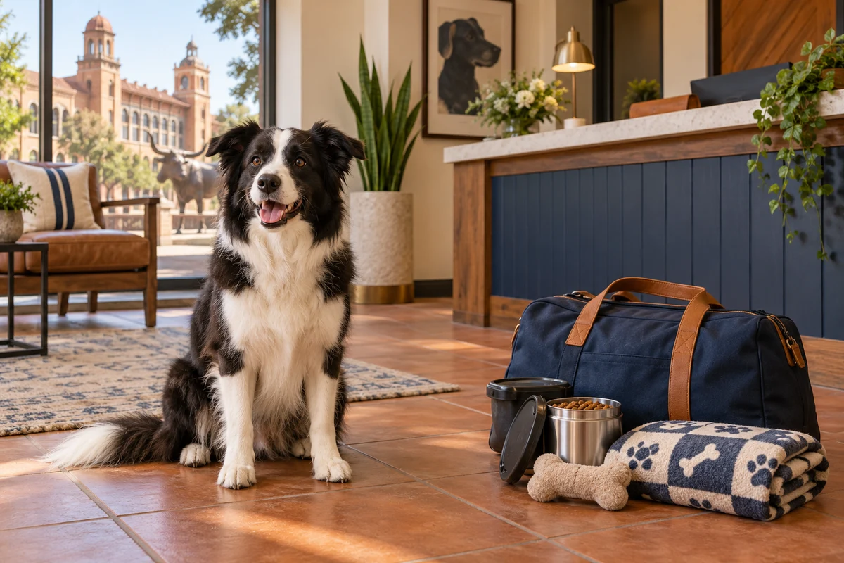 A border collie resting beside a travel bag in a warm dog-care reception area