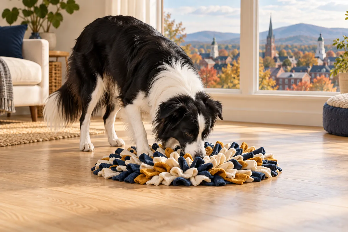 A Border Collie sniffs a cream, navy and mustard enrichment mat in a sunlit room overlooking old-town rooftops