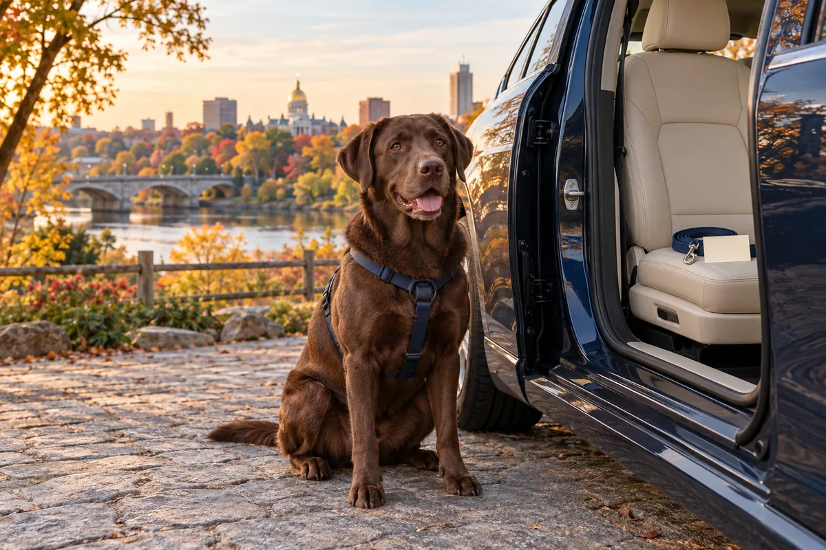 A chocolate Labrador mix waits beside a parked car with a leash and blank card on the passenger seat
