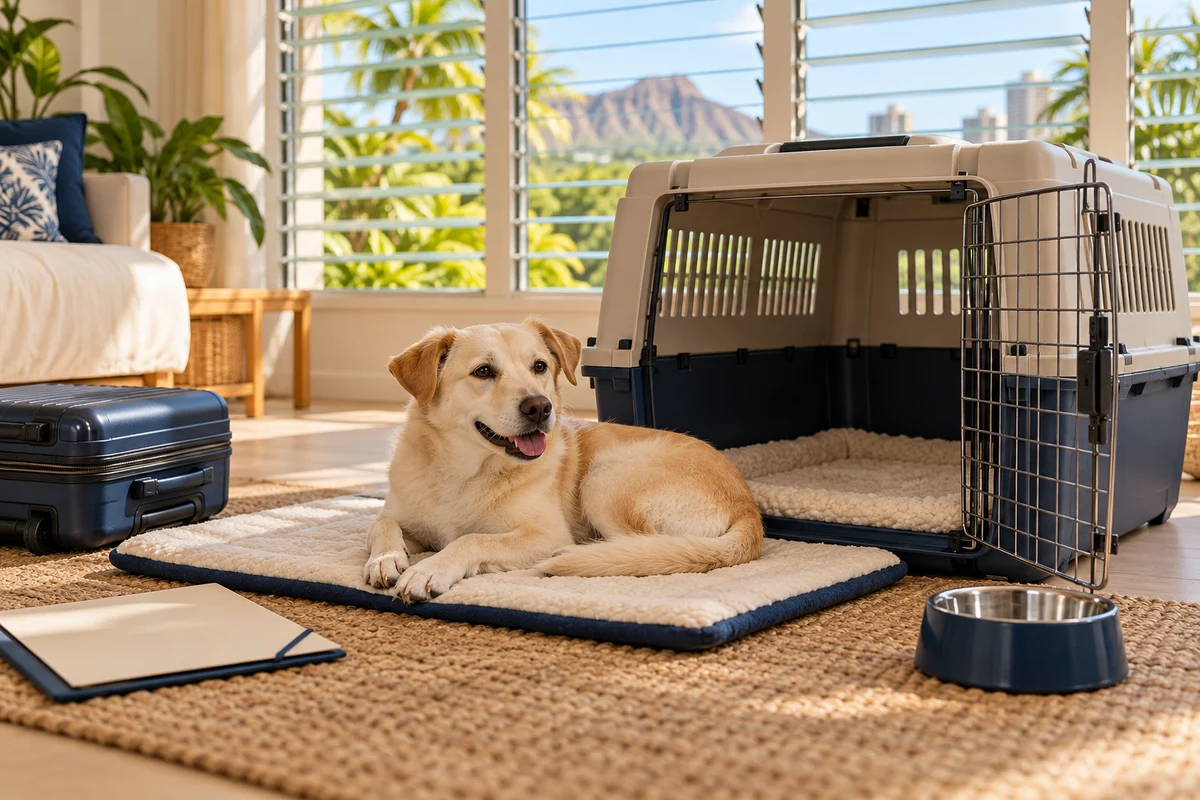 A calm cream-colored dog resting beside an open travel crate, suitcase and document folder in a bright apartment