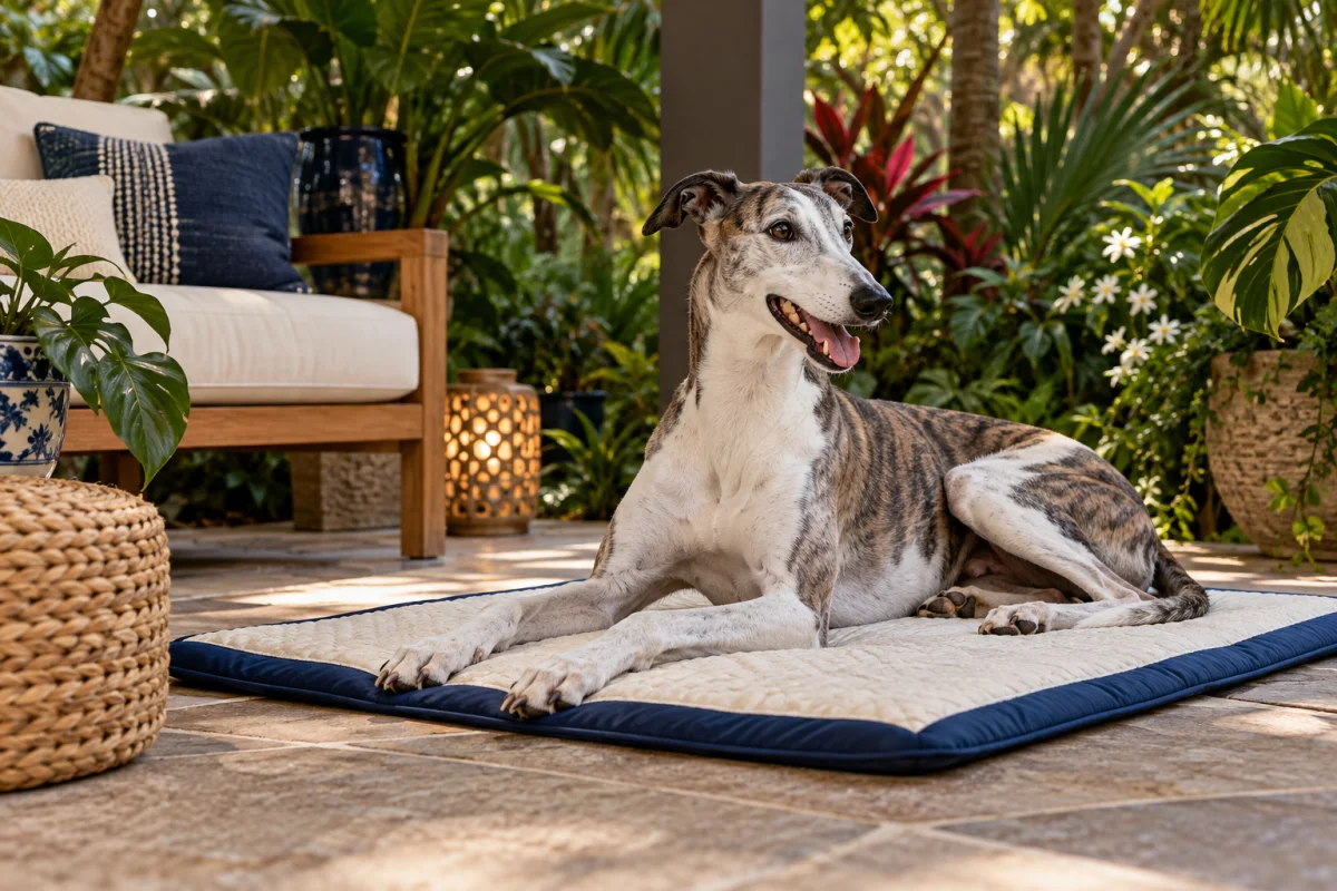 A greyhound on a cooling mat on a shaded Houston patio