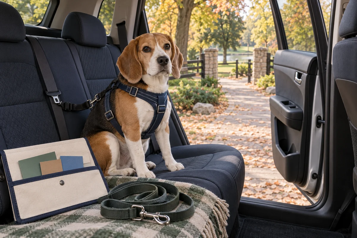 A beagle secured on a parked car seat beside a folder and leash, with a leafy park entrance beyond
