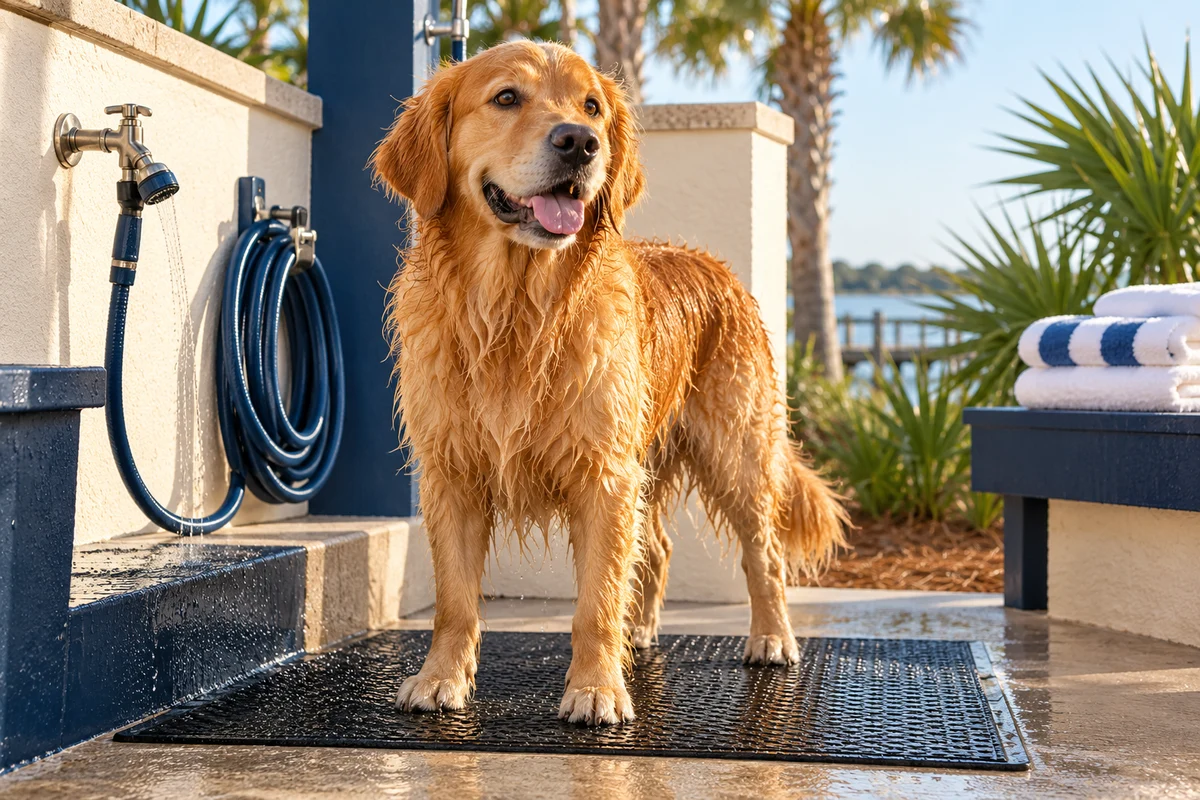 A wet golden retriever at an outdoor rinse station beside clean towels and a coiled hose