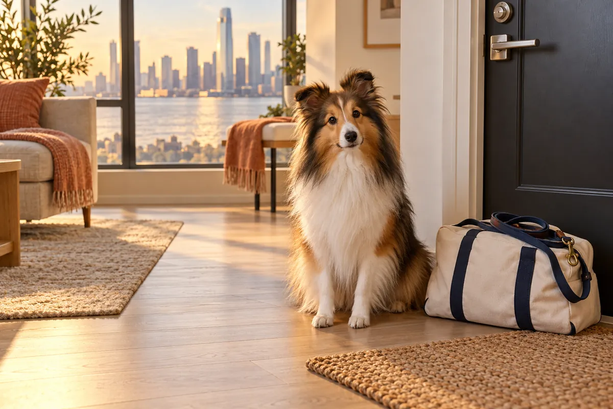 A Shetland Sheepdog sits beside an overnight bag and folded leash in an apartment with a river and distant skyline view