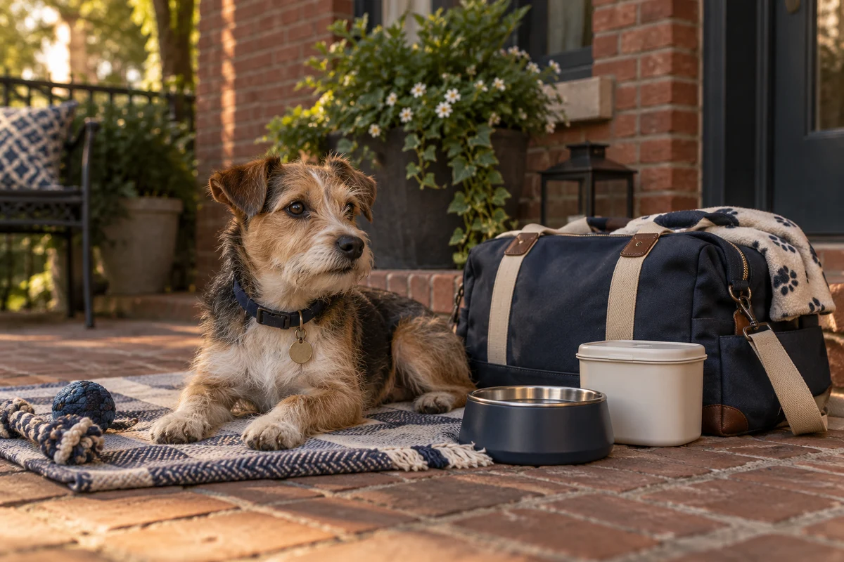 A wiry terrier resting beside an overnight care bag on a shaded redbrick patio