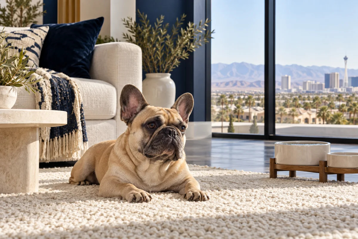 A French bulldog resting in a cool Las Vegas living room
