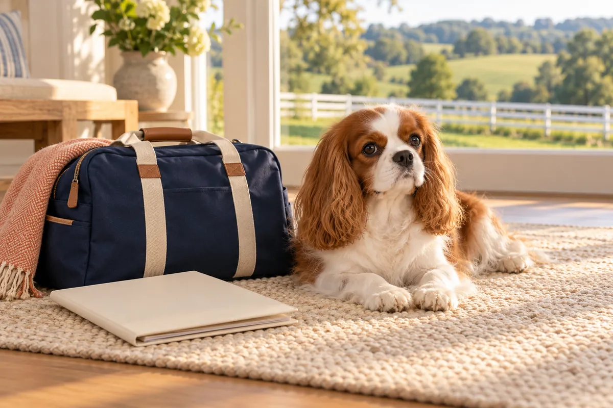 A Cavalier King Charles Spaniel rests beside an overnight bag and blank folder, with pasture and white fencing beyond the window