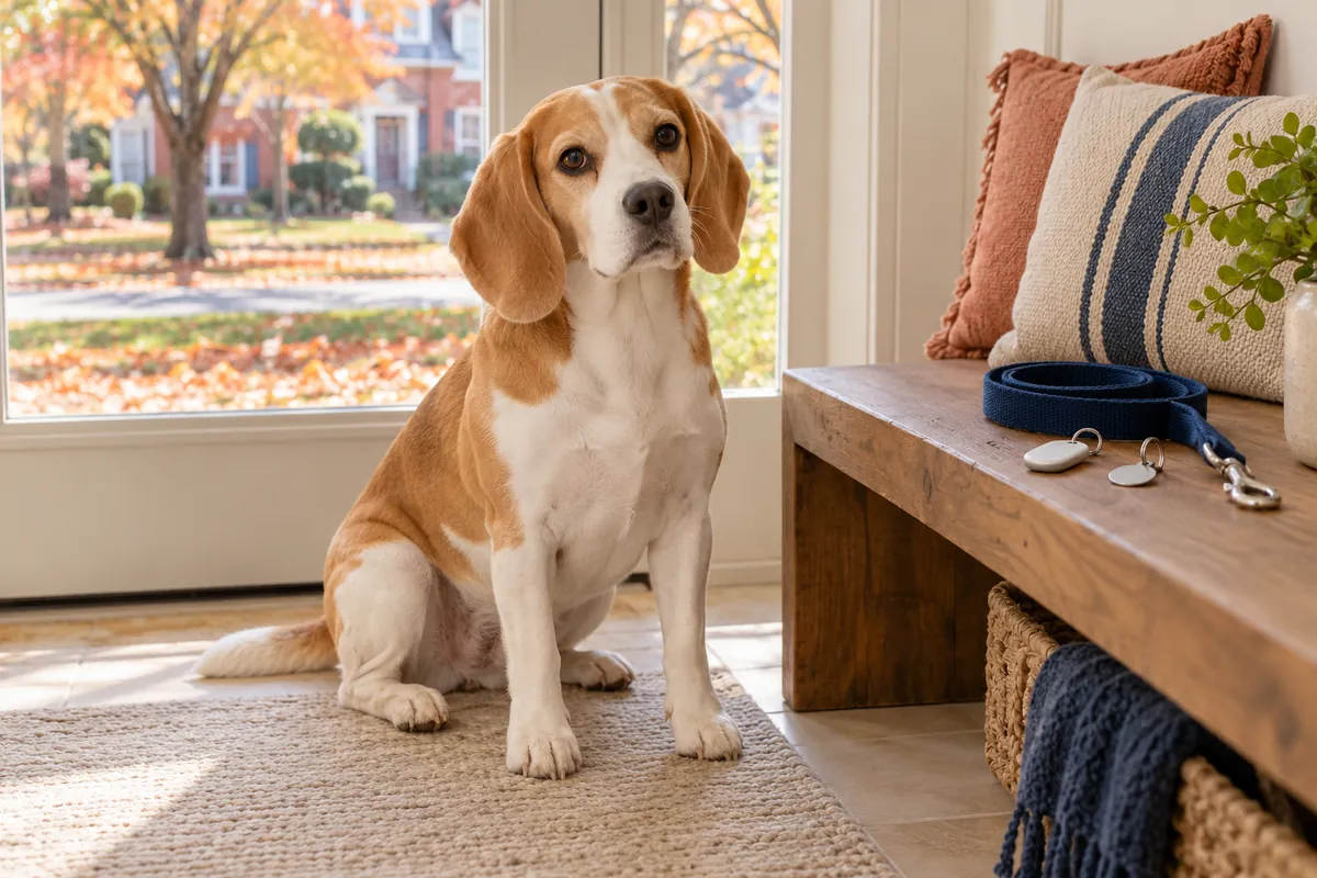 A lemon-and-white Beagle sits beside a wooden entryway bench holding a blank key fob, dog tag and navy leash