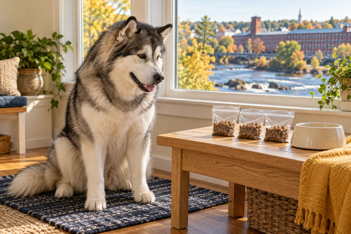 An Alaskan Malamute sits beside portioned food bags and a bowl, with a river and brick mill beyond the window