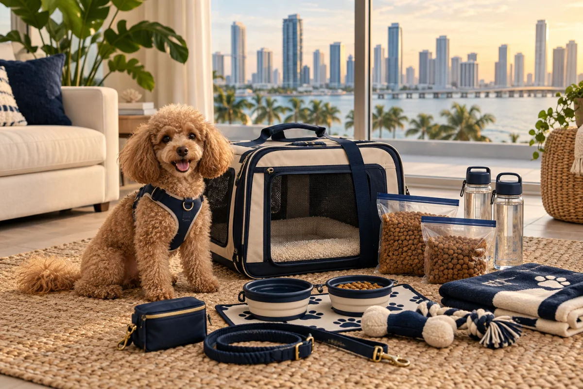 A poodle beside a carrier and organized pet emergency supplies in a Miami apartment