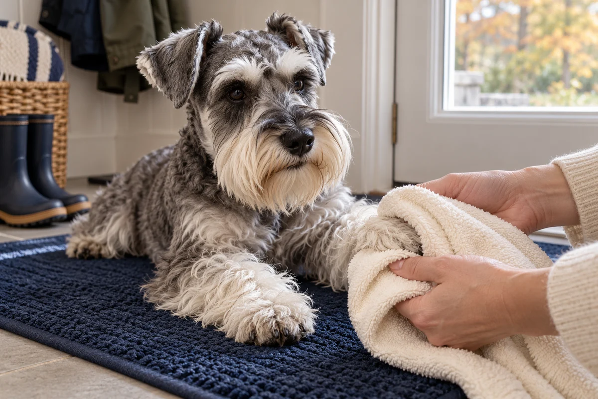 A miniature schnauzer having a paw gently dried with a towel on a navy mudroom mat