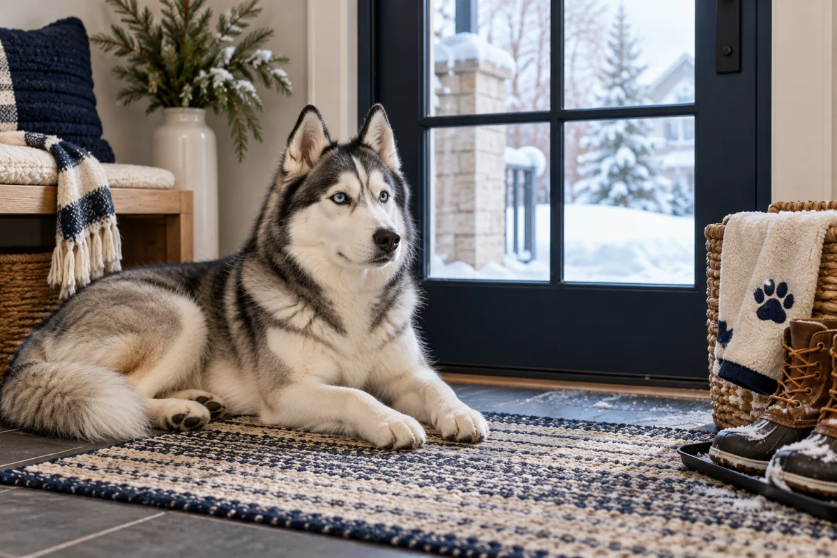 A husky beside winter entry supplies in a Minneapolis home