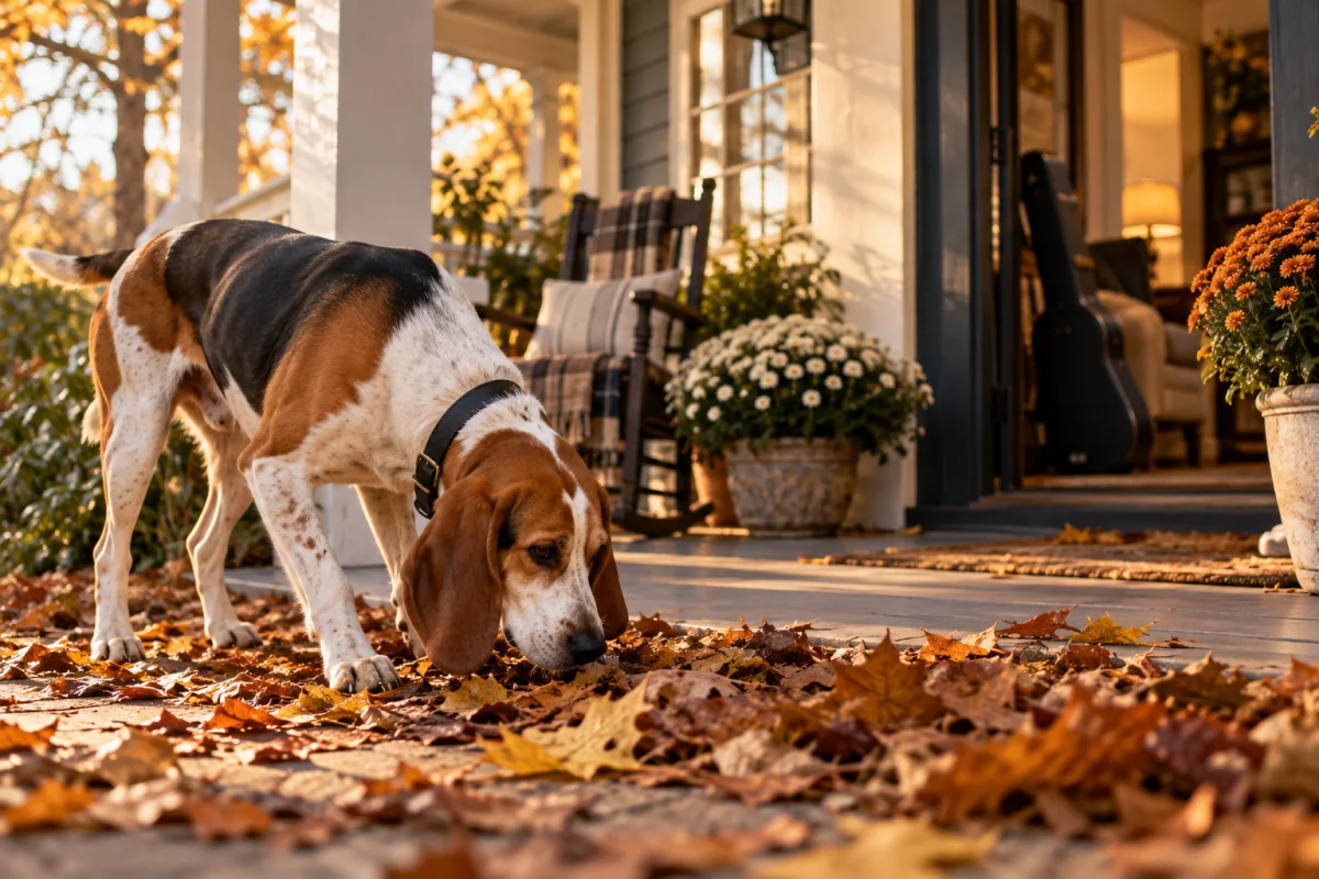 A hound beside autumn leaves on a covered Nashville porch