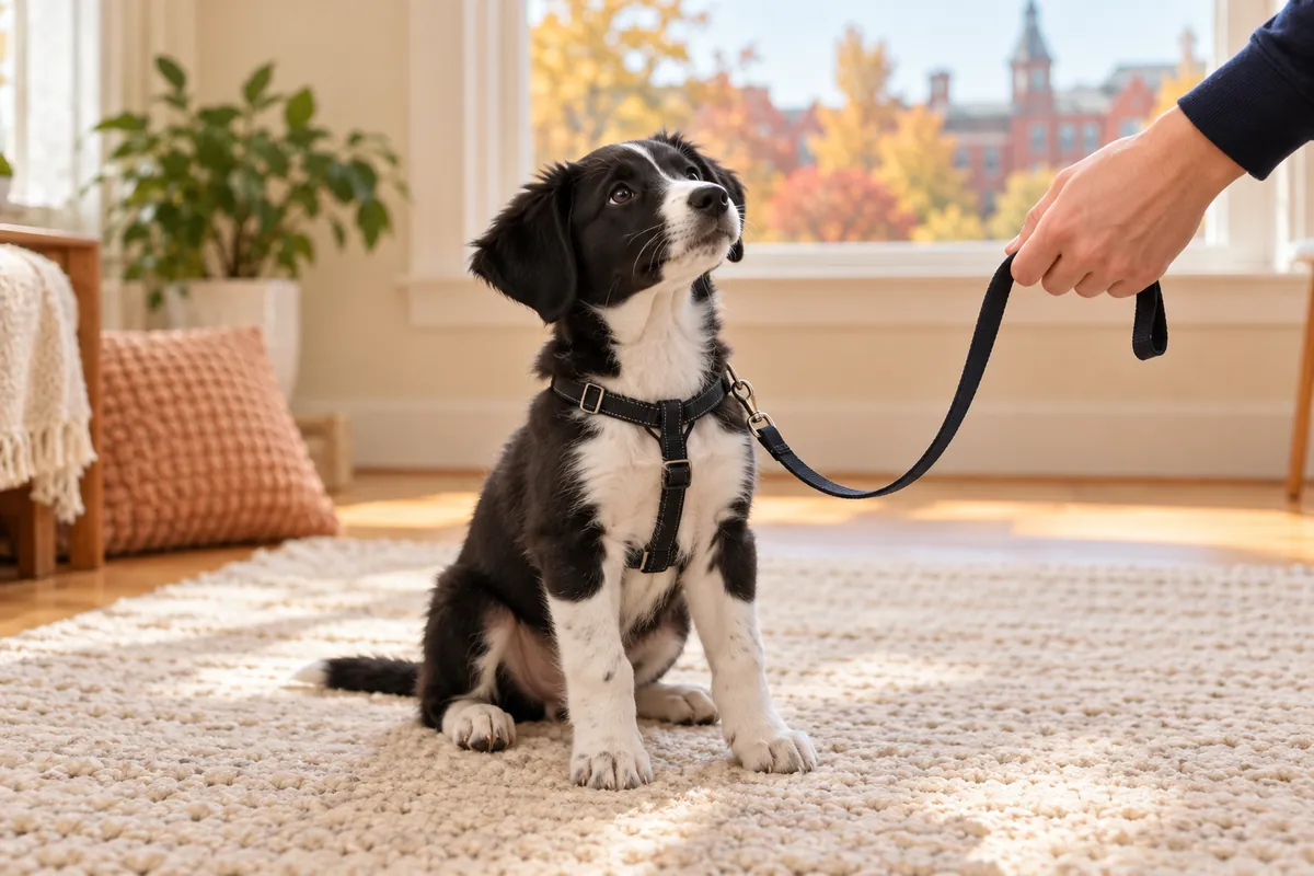 A black-and-white puppy watches an owner’s hand holding a loose training leash in a sunlit room