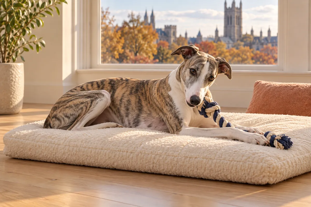 A Whippet rests on a cream cushion with a rope toy, with stone towers beyond the window