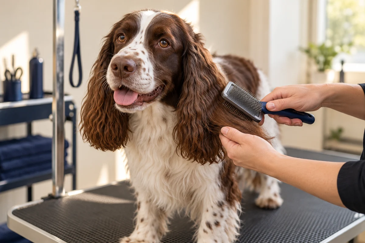A spaniel having its ear coat gently brushed at a grooming table in a softly lit room