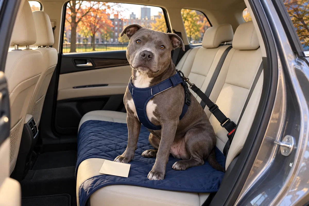 A gray Staffordshire Terrier mix sits in a car rear seat wearing a tethered harness, beside a blank address card