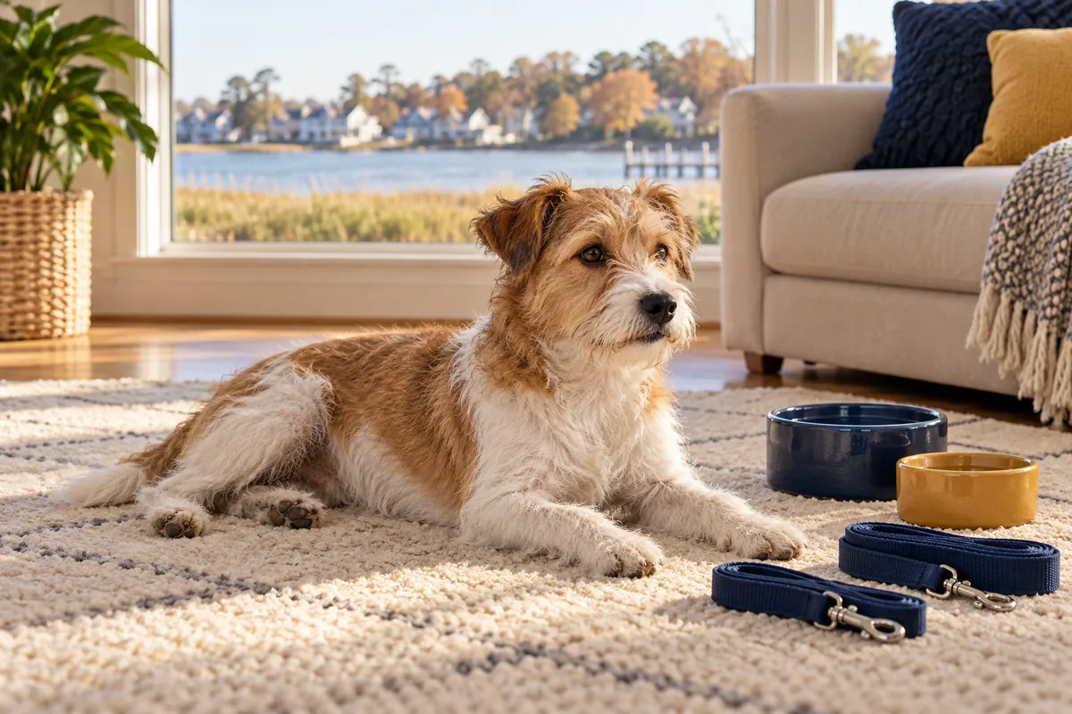 A small rough-coated terrier rests on a living-room rug beside two folded leashes and water bowls, with waterfront homes beyond