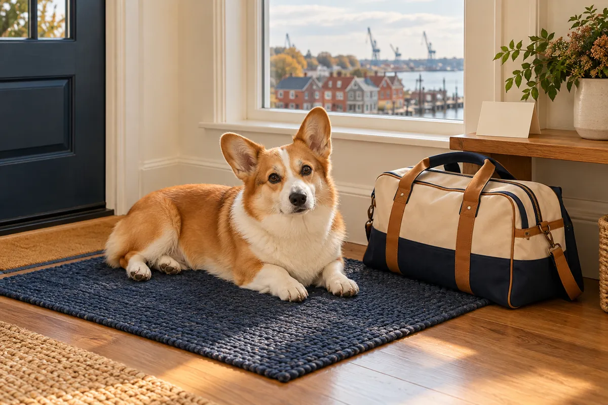 A Corgi rests on an entryway mat beside an overnight bag and blank handover note, with harbor cranes beyond the window