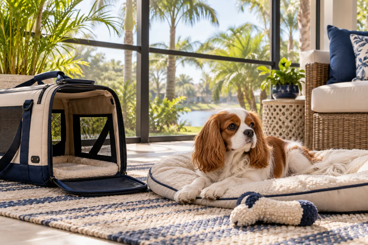 A spaniel relaxing beside a carrier on a screened Orlando porch