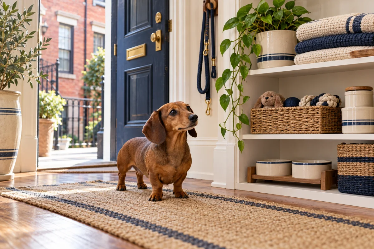 A dachshund beside dog supplies in a Philadelphia row-home entry