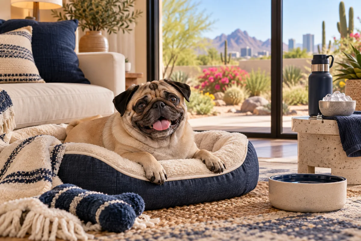 A pug resting indoors in a Phoenix home with a desert garden outside