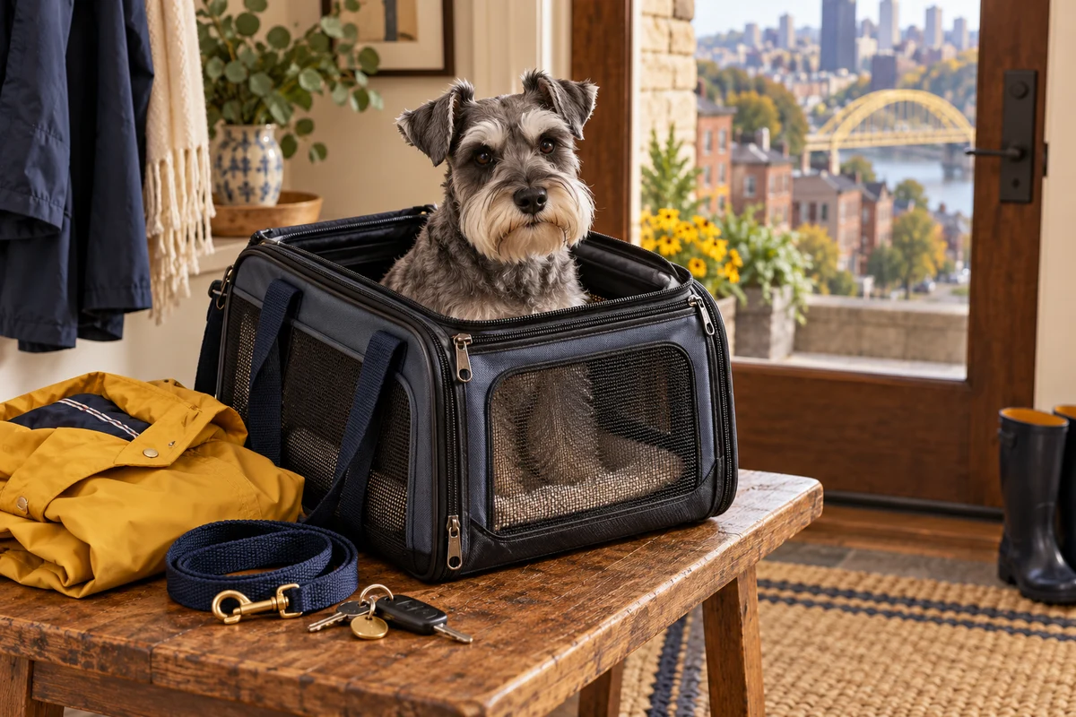A miniature schnauzer in a mesh carrier beside a rain jacket and keys in a Pittsburgh-style home