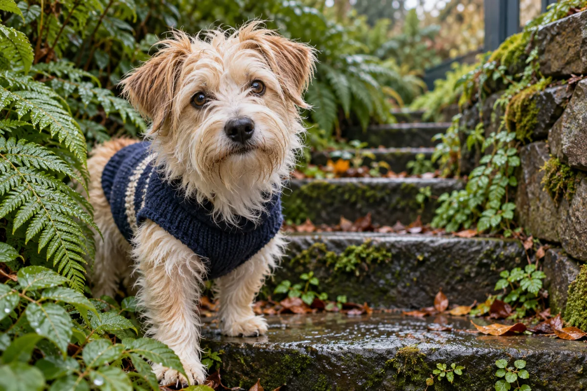 A shaggy terrier beside fern-covered Portland garden steps