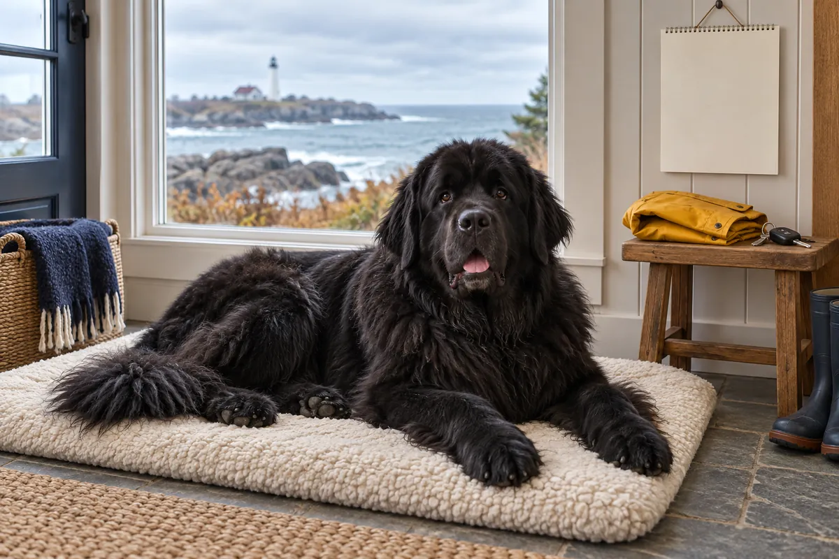 A black Newfoundland rests beside a folded raincoat and car keys, with a rocky coast beyond the window