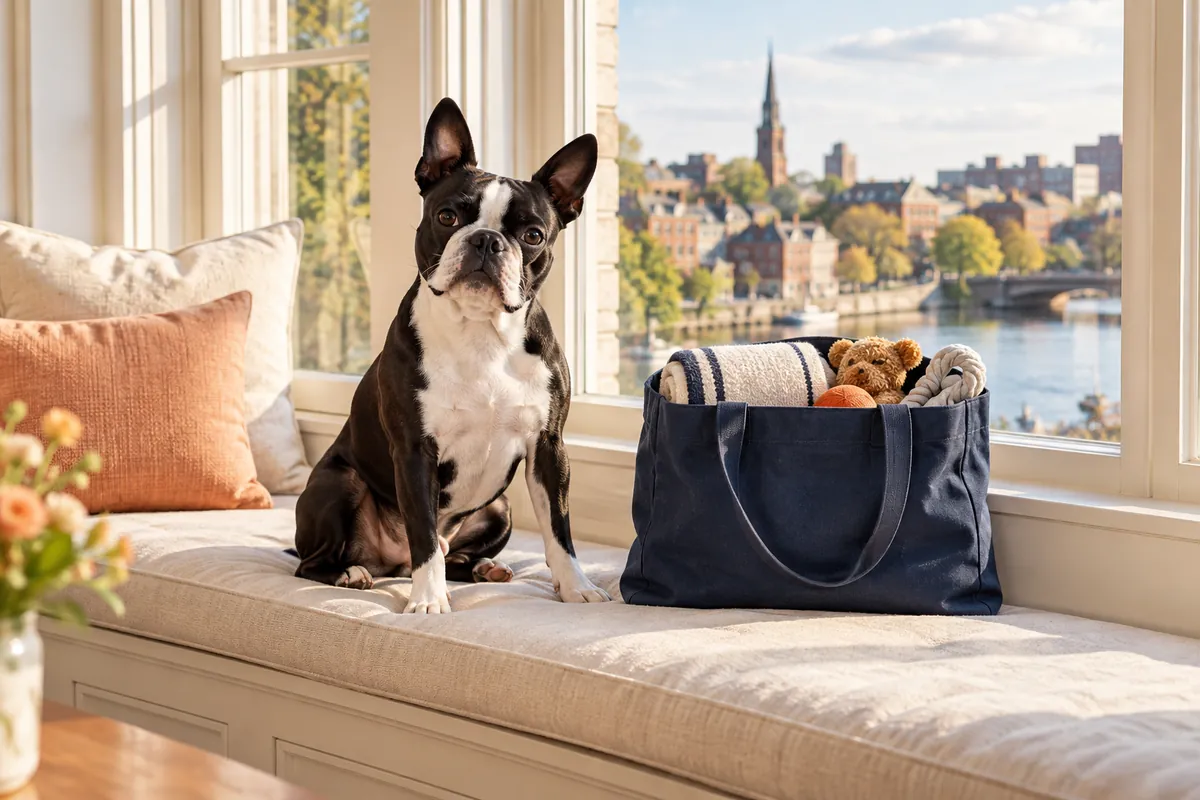 A Boston Terrier sits on a cushioned window seat beside a packed daycare tote, with a river and steeple beyond