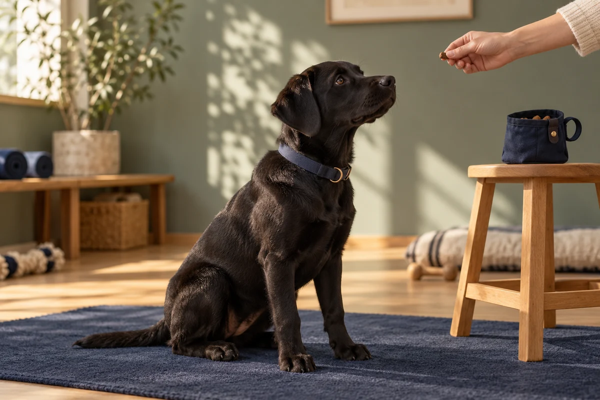 A young black Labrador attending to a reward beside a wooden stool and navy training mat