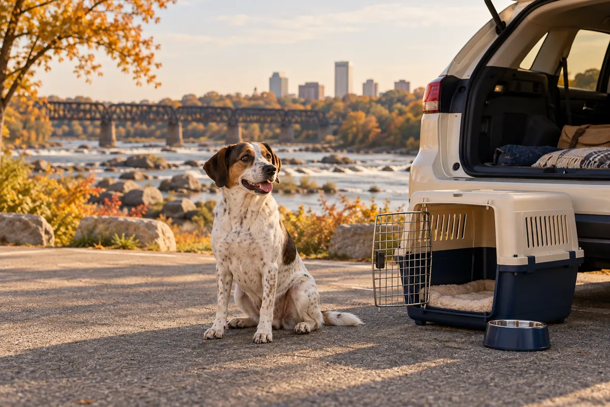 A speckled mixed-breed dog sits beside a travel crate and water bowl near an open car hatch, with a rocky river and bridge behind
