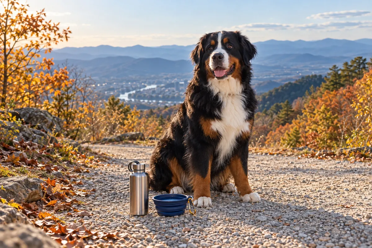 A Bernese Mountain Dog sits beside a water bottle and collapsible bowl on a gravel trail overlooking autumn mountain ridges