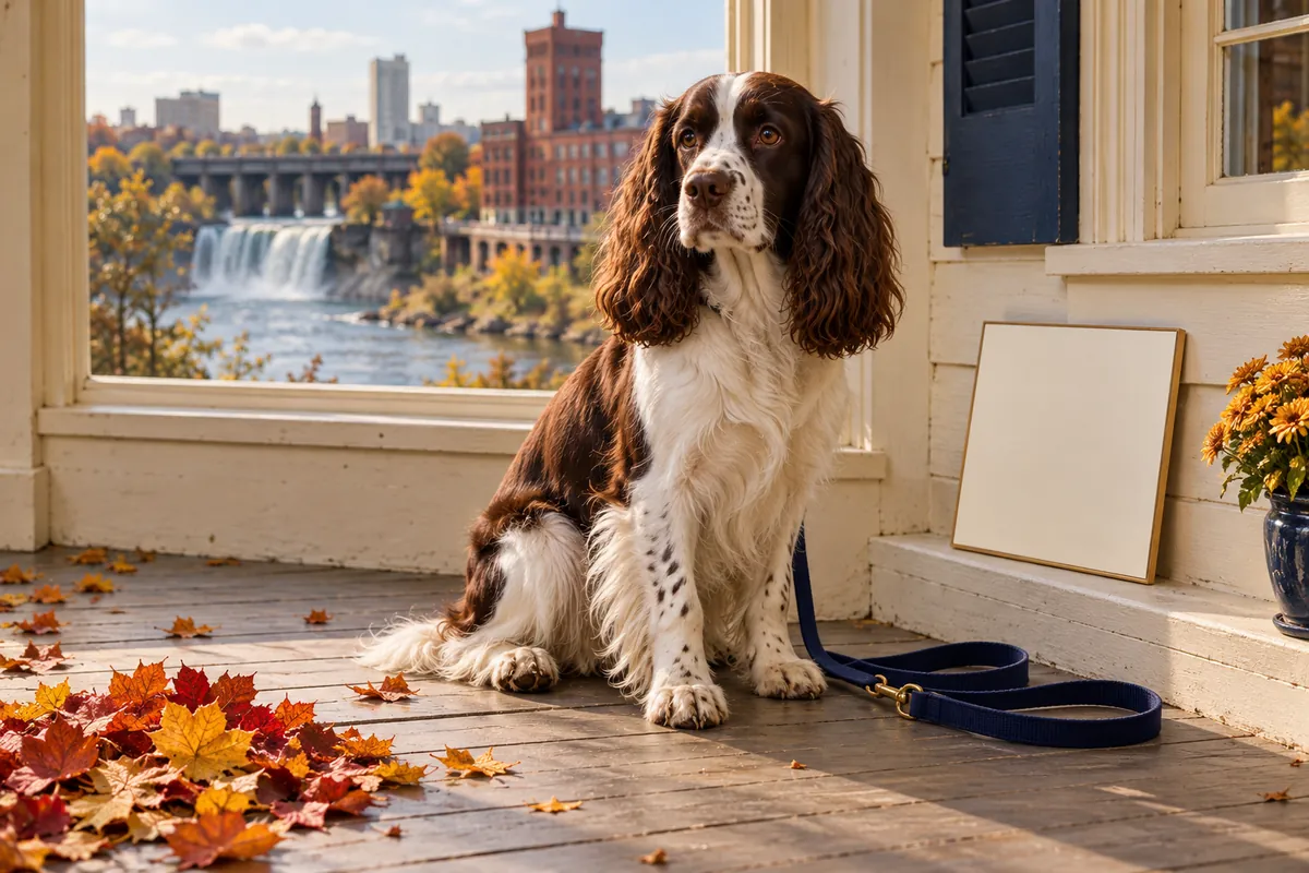An English Springer Spaniel sits beside autumn leaves, a navy leash and a blank board on a porch overlooking a river waterfall