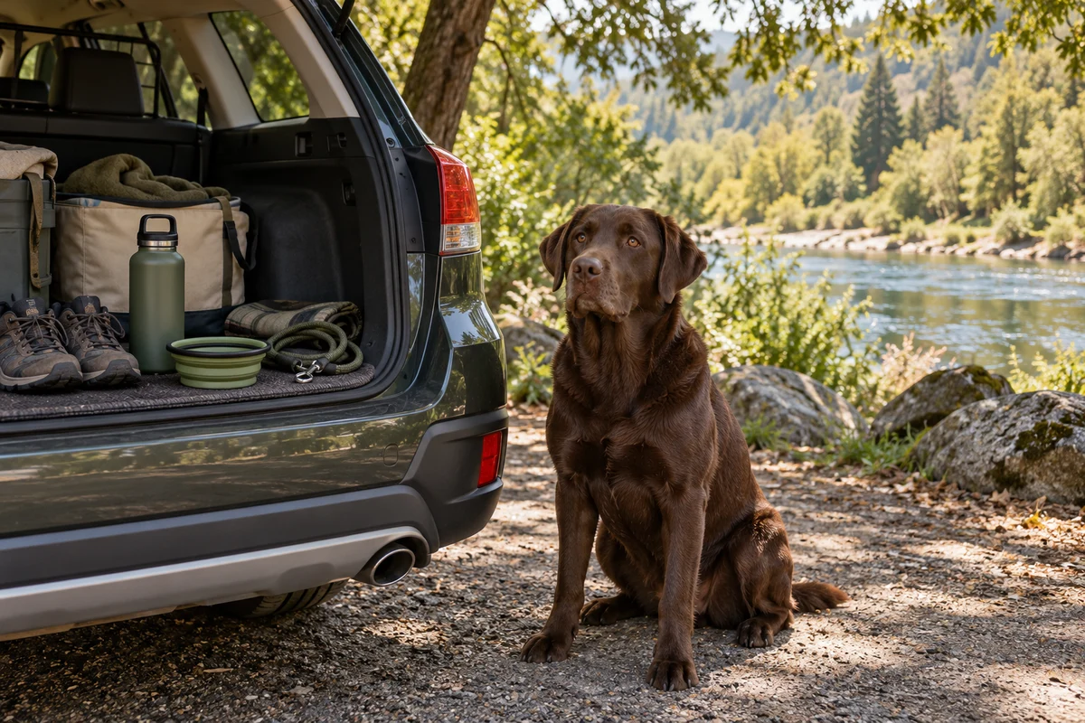A Labrador beside a parked car with a water bowl and outing supplies near a leafy riverbank