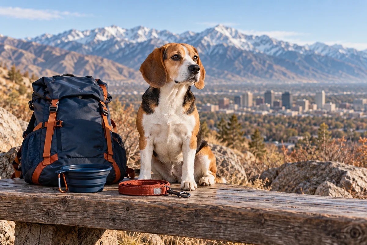 A beagle beside a hiking backpack, water bowl and coiled leash with a distant mountain ridge