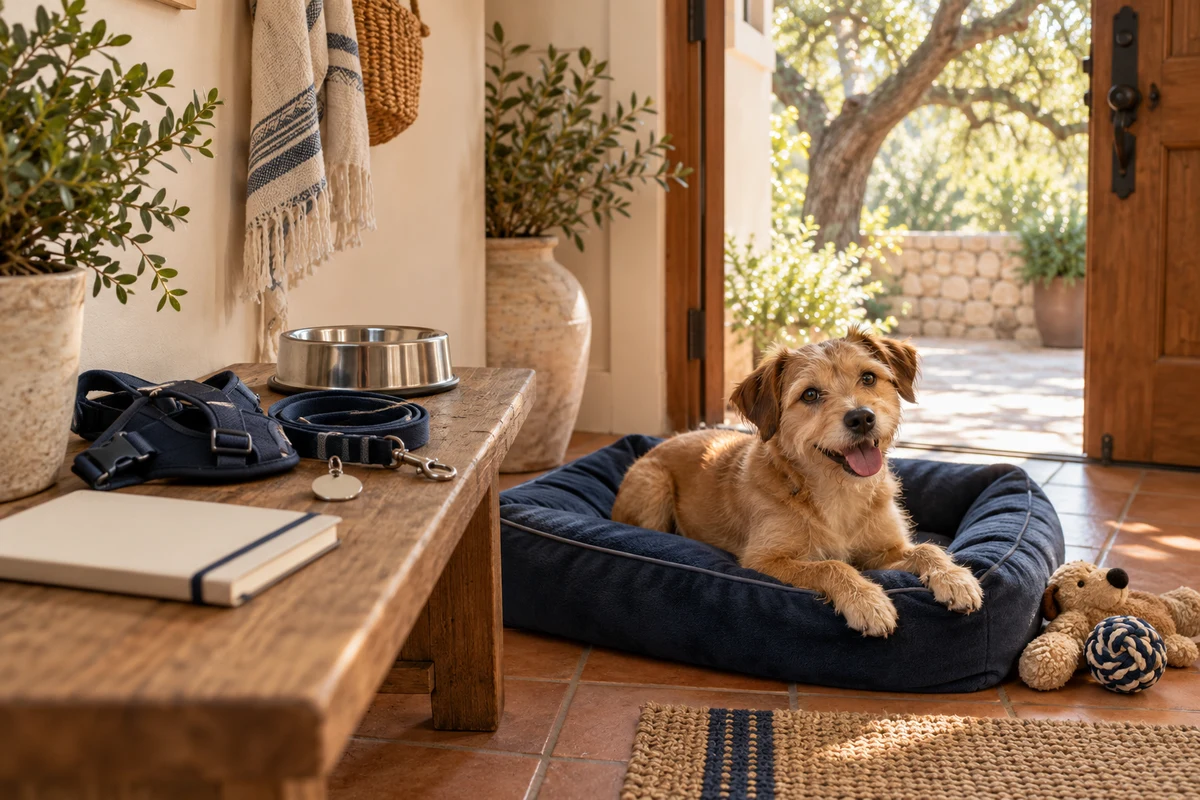 A terrier resting beside a leash, identification tag and care notebook in a limestone home entryway