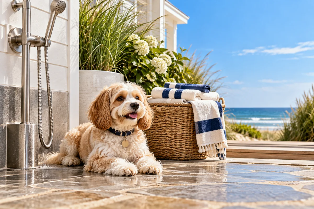 A small dog beside towels at a sunny coastal home rinse station