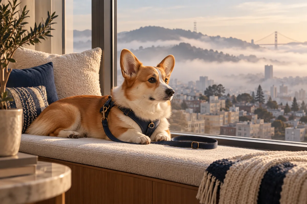 A corgi by an apartment window overlooking foggy San Francisco hills
