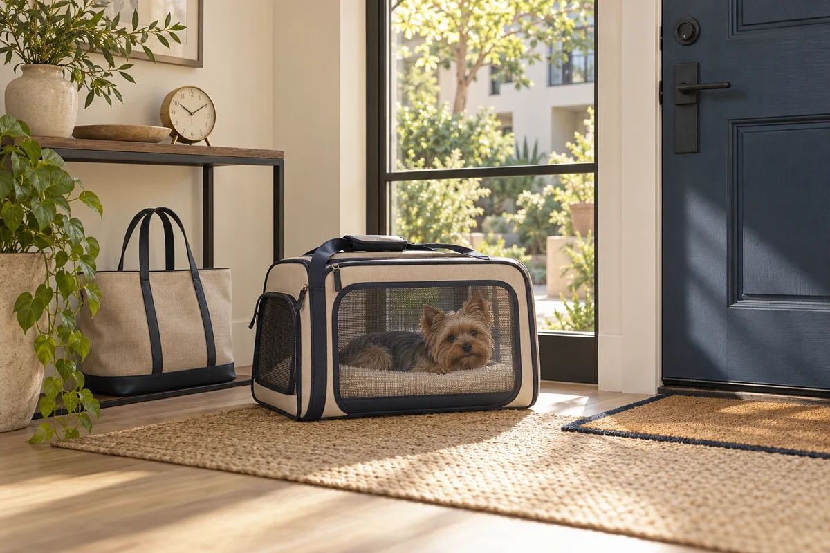 A small terrier resting in an enclosed mesh pet carrier beside an apartment entryway and commuter bag