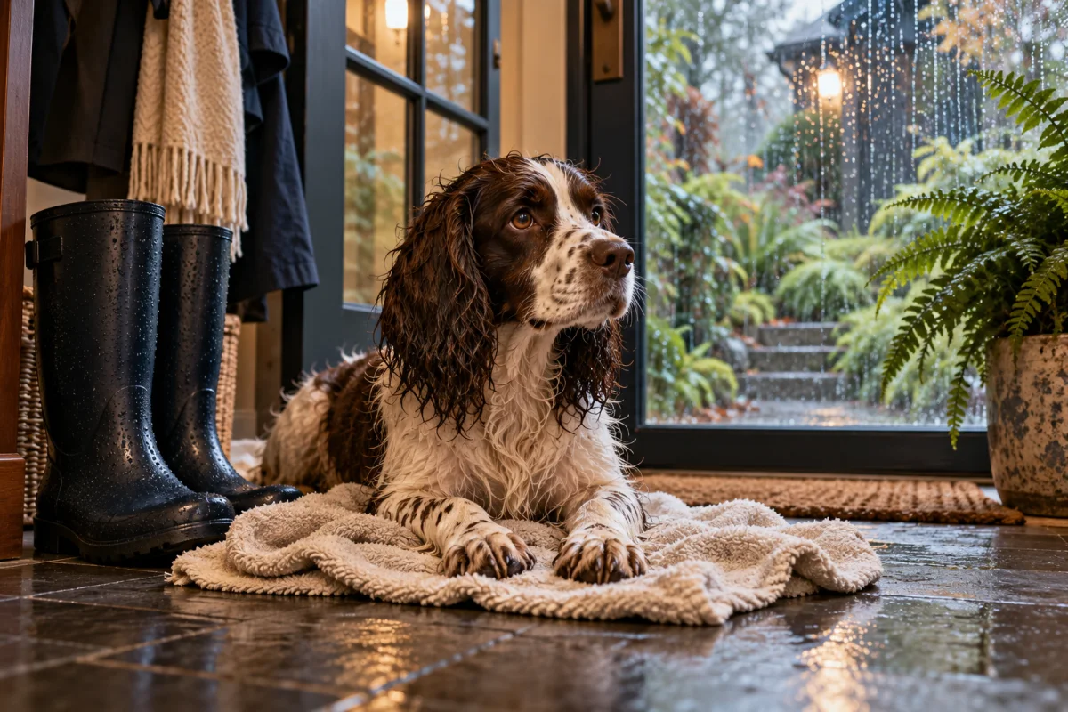 A wet spaniel on a towel beside rain boots in a Seattle entryway
