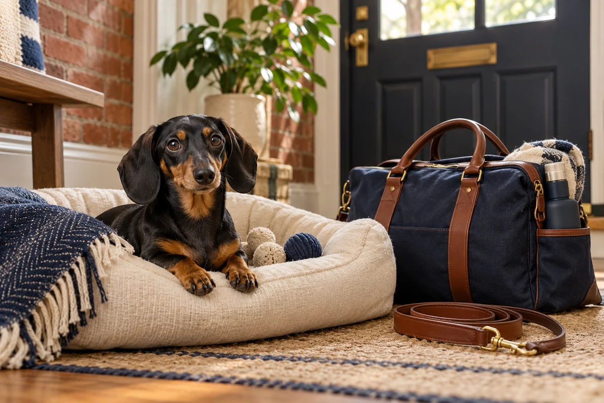 A dachshund resting beside a boarding bag and leash in a redbrick home entrance