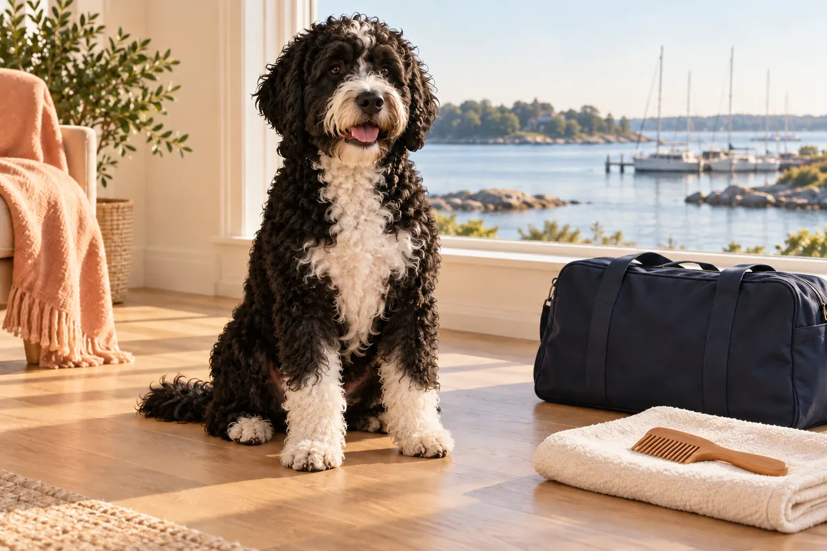 A Portuguese Water Dog sits beside an overnight bag and grooming comb, with a marina beyond the window